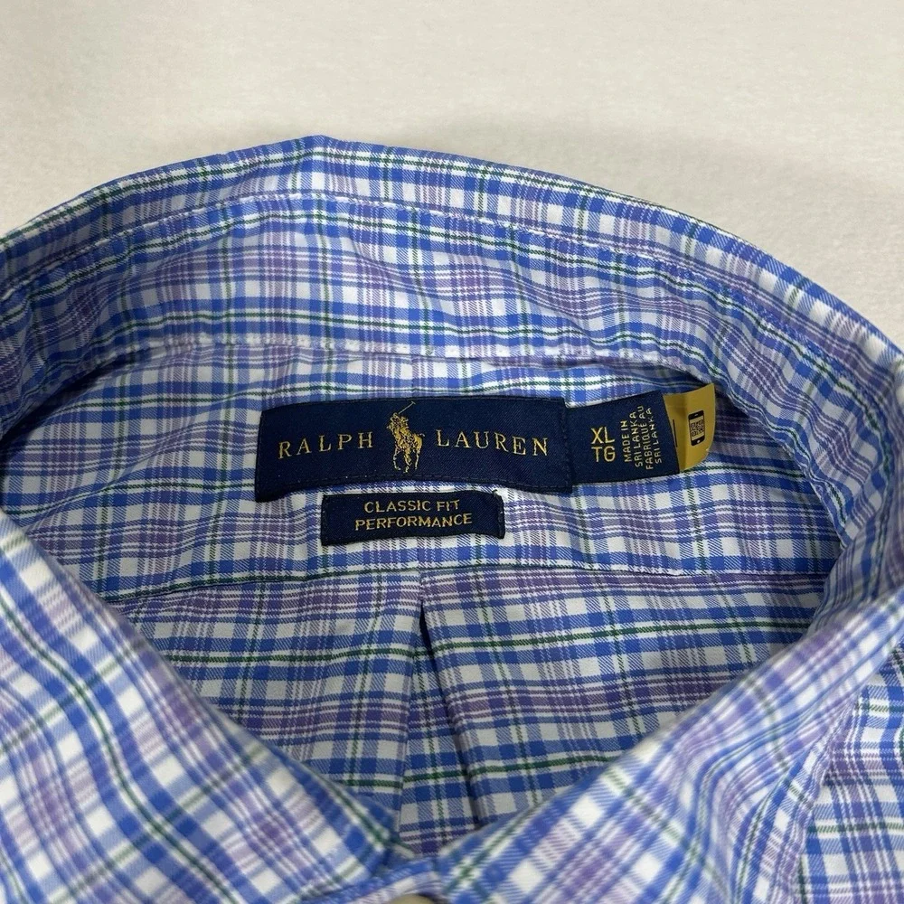 Ralph Lauren Mens XL Blue Purple Plaid Classic Fit‎ Performance Stretch Shirt